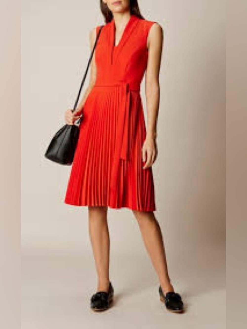 Karen Millen Shawl Collar Pleated Dress in orange-red